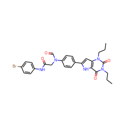 CCCn1c(=O)c2[nH]c(-c3ccc(N(C=O)CC(=O)Nc4ccc(Br)cc4)cc3)cc2n(CCC)c1=O ZINC000028567914