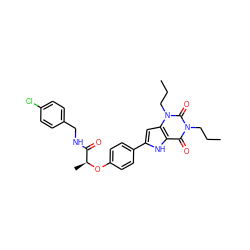 CCCn1c(=O)c2[nH]c(-c3ccc(O[C@@H](C)C(=O)NCc4ccc(Cl)cc4)cc3)cc2n(CCC)c1=O ZINC000013678855