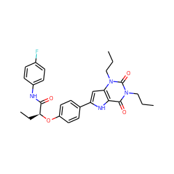 CCCn1c(=O)c2[nH]c(-c3ccc(O[C@@H](CC)C(=O)Nc4ccc(F)cc4)cc3)cc2n(CCC)c1=O ZINC000013678697