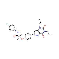 CCCn1c(=O)c2[nH]c(-c3ccc(OC(C)(C)C(=O)Nc4ccc(F)cc4)cc3)cc2n(CCC)c1=O ZINC000013678714