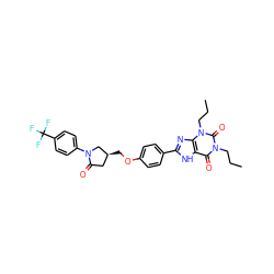 CCCn1c(=O)c2[nH]c(-c3ccc(OC[C@H]4CC(=O)N(c5ccc(C(F)(F)F)cc5)C4)cc3)nc2n(CCC)c1=O ZINC000115188546