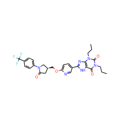 CCCn1c(=O)c2[nH]c(-c3ccc(OC[C@H]4CC(=O)N(c5ccc(C(F)(F)F)cc5)C4)nc3)nc2n(CCC)c1=O ZINC000148338012