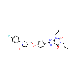 CCCn1c(=O)c2[nH]c(-c3ccc(OC[C@H]4CC(=O)N(c5ccc(F)cc5)C4)cc3)nc2n(CCC)c1=O ZINC000115138639