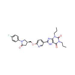 CCCn1c(=O)c2[nH]c(-c3ccc(OC[C@H]4CC(=O)N(c5ccc(F)cc5)C4)nc3)nc2n(CCC)c1=O ZINC000148349420