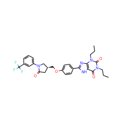 CCCn1c(=O)c2[nH]c(-c3ccc(OC[C@H]4CC(=O)N(c5cccc(C(F)(F)F)c5)C4)cc3)nc2n(CCC)c1=O ZINC000115151746