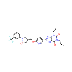 CCCn1c(=O)c2[nH]c(-c3ccc(OC[C@H]4CC(=O)N(c5cccc(C(F)(F)F)c5)C4)nc3)nc2n(CCC)c1=O ZINC000115151174