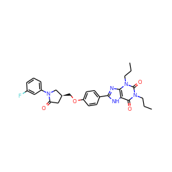 CCCn1c(=O)c2[nH]c(-c3ccc(OC[C@H]4CC(=O)N(c5cccc(F)c5)C4)cc3)nc2n(CCC)c1=O ZINC000115152014