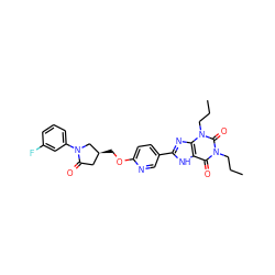 CCCn1c(=O)c2[nH]c(-c3ccc(OC[C@H]4CC(=O)N(c5cccc(F)c5)C4)nc3)nc2n(CCC)c1=O ZINC000149147751