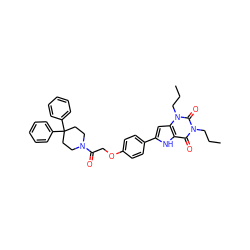 CCCn1c(=O)c2[nH]c(-c3ccc(OCC(=O)N4CCC(c5ccccc5)(c5ccccc5)CC4)cc3)cc2n(CCC)c1=O ZINC000029057676