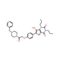 CCCn1c(=O)c2[nH]c(-c3ccc(OCC(=O)N4CCN(Cc5ccccc5)CC4)cc3)c(O)c2n(CCC)c1=O ZINC000042835118