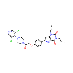 CCCn1c(=O)c2[nH]c(-c3ccc(OCC(=O)N4CCN(c5c(Cl)cncc5Cl)CC4)cc3)cc2n(CCC)c1=O ZINC000029057376