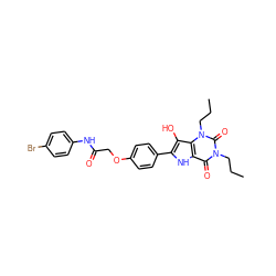 CCCn1c(=O)c2[nH]c(-c3ccc(OCC(=O)Nc4ccc(Br)cc4)cc3)c(O)c2n(CCC)c1=O ZINC000044352668