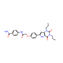 CCCn1c(=O)c2[nH]c(-c3ccc(OCC(=O)Nc4ccc(C(N)=O)cc4)cc3)cc2n(CCC)c1=O ZINC000013678736