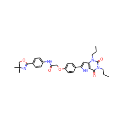 CCCn1c(=O)c2[nH]c(-c3ccc(OCC(=O)Nc4ccc(C5=NC(C)(C)CO5)cc4)cc3)cc2n(CCC)c1=O ZINC000028566488