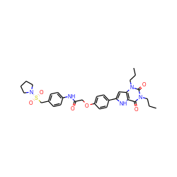 CCCn1c(=O)c2[nH]c(-c3ccc(OCC(=O)Nc4ccc(CS(=O)(=O)N5CCCC5)cc4)cc3)cc2n(CCC)c1=O ZINC000028567157