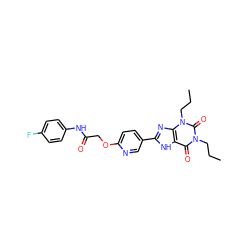 CCCn1c(=O)c2[nH]c(-c3ccc(OCC(=O)Nc4ccc(F)cc4)nc3)nc2n(CCC)c1=O ZINC000028528308