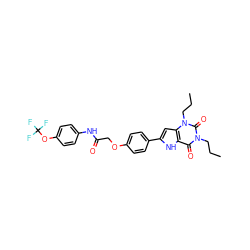 CCCn1c(=O)c2[nH]c(-c3ccc(OCC(=O)Nc4ccc(OC(F)(F)F)cc4)cc3)cc2n(CCC)c1=O ZINC000028567690