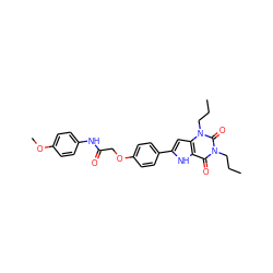 CCCn1c(=O)c2[nH]c(-c3ccc(OCC(=O)Nc4ccc(OC)cc4)cc3)cc2n(CCC)c1=O ZINC000013678724