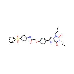 CCCn1c(=O)c2[nH]c(-c3ccc(OCC(=O)Nc4ccc(S(=O)(=O)c5ccccc5)cc4)cc3)cc2n(CCC)c1=O ZINC000028567287