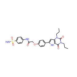 CCCn1c(=O)c2[nH]c(-c3ccc(OCC(=O)Nc4ccc(S(N)(=O)=O)cc4)cc3)cc2n(CCC)c1=O ZINC000028566413