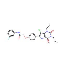 CCCn1c(=O)c2[nH]c(-c3ccc(OCC(=O)Nc4cccc(F)c4)cc3)c(Cl)c2n(CCC)c1=O ZINC000013678752