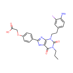 CCCn1c(=O)c2[nH]c(-c3ccc(OCC(=O)O)cc3)nc2n(CCc2ccc(N)c(I)c2)c1=O ZINC000027854702