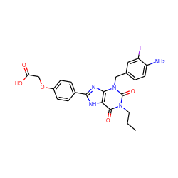 CCCn1c(=O)c2[nH]c(-c3ccc(OCC(=O)O)cc3)nc2n(Cc2ccc(N)c(I)c2)c1=O ZINC000012405708