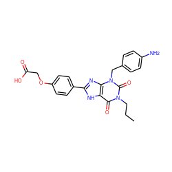 CCCn1c(=O)c2[nH]c(-c3ccc(OCC(=O)O)cc3)nc2n(Cc2ccc(N)cc2)c1=O ZINC000027864076