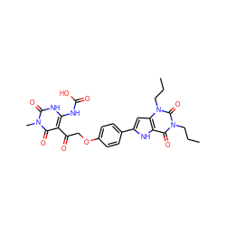 CCCn1c(=O)c2[nH]c(-c3ccc(OCC(=O)c4c(NC(=O)O)[nH]c(=O)n(C)c4=O)cc3)cc2n(CCC)c1=O ZINC000028567048