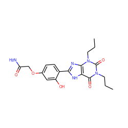 CCCn1c(=O)c2[nH]c(-c3ccc(OCC(N)=O)cc3O)nc2n(CCC)c1=O ZINC000027658081