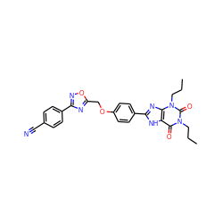 CCCn1c(=O)c2[nH]c(-c3ccc(OCc4nc(-c5ccc(C#N)cc5)no4)cc3)nc2n(CCC)c1=O ZINC000028342967