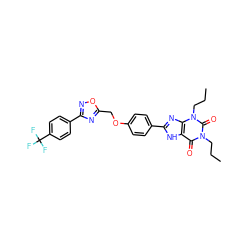 CCCn1c(=O)c2[nH]c(-c3ccc(OCc4nc(-c5ccc(C(F)(F)F)cc5)no4)cc3)nc2n(CCC)c1=O ZINC000028335840