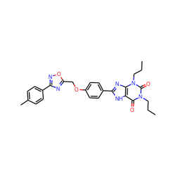 CCCn1c(=O)c2[nH]c(-c3ccc(OCc4nc(-c5ccc(C)cc5)no4)cc3)nc2n(CCC)c1=O ZINC000028343592