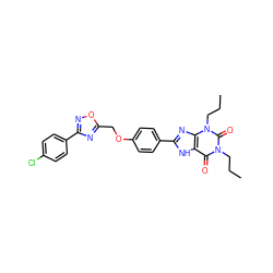 CCCn1c(=O)c2[nH]c(-c3ccc(OCc4nc(-c5ccc(Cl)cc5)no4)cc3)nc2n(CCC)c1=O ZINC000028333795