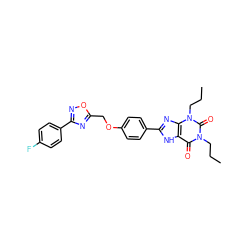 CCCn1c(=O)c2[nH]c(-c3ccc(OCc4nc(-c5ccc(F)cc5)no4)cc3)nc2n(CCC)c1=O ZINC000028122384