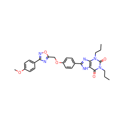 CCCn1c(=O)c2[nH]c(-c3ccc(OCc4nc(-c5ccc(OC)cc5)no4)cc3)nc2n(CCC)c1=O ZINC000028331562