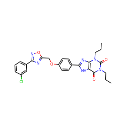 CCCn1c(=O)c2[nH]c(-c3ccc(OCc4nc(-c5cccc(Cl)c5)no4)cc3)nc2n(CCC)c1=O ZINC000028342455