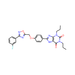 CCCn1c(=O)c2[nH]c(-c3ccc(OCc4nc(-c5cccc(F)c5)no4)cc3)nc2n(CCC)c1=O ZINC000028335834