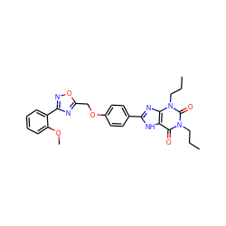 CCCn1c(=O)c2[nH]c(-c3ccc(OCc4nc(-c5ccccc5OC)no4)cc3)nc2n(CCC)c1=O ZINC000028333892