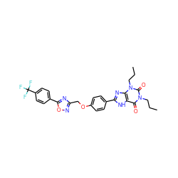 CCCn1c(=O)c2[nH]c(-c3ccc(OCc4noc(-c5ccc(C(F)(F)F)cc5)n4)cc3)nc2n(CCC)c1=O ZINC000028130893