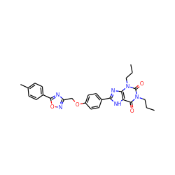 CCCn1c(=O)c2[nH]c(-c3ccc(OCc4noc(-c5ccc(C)cc5)n4)cc3)nc2n(CCC)c1=O ZINC000028339873