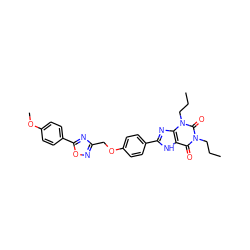 CCCn1c(=O)c2[nH]c(-c3ccc(OCc4noc(-c5ccc(OC)cc5)n4)cc3)nc2n(CCC)c1=O ZINC000028342254