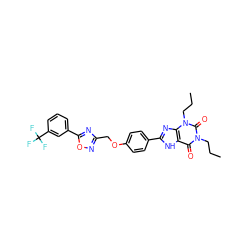 CCCn1c(=O)c2[nH]c(-c3ccc(OCc4noc(-c5cccc(C(F)(F)F)c5)n4)cc3)nc2n(CCC)c1=O ZINC000028131629