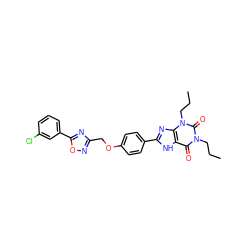 CCCn1c(=O)c2[nH]c(-c3ccc(OCc4noc(-c5cccc(Cl)c5)n4)cc3)nc2n(CCC)c1=O ZINC000028332806