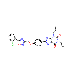 CCCn1c(=O)c2[nH]c(-c3ccc(OCc4noc(-c5ccccc5Cl)n4)cc3)nc2n(CCC)c1=O ZINC000028333412