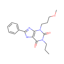 CCCn1c(=O)c2[nH]c(-c3ccccc3)nc2n(CCCOC)c1=O ZINC000043072578