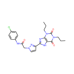 CCCn1c(=O)c2[nH]c(-c3ccn(CC(=O)Nc4ccc(Cl)cc4)n3)nc2n(CCC)c1=O ZINC000029060587