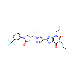 CCCn1c(=O)c2[nH]c(-c3cnn([C@@H](C)[C@@H]4CC(=O)N(c5cccc(C(F)(F)F)c5)C4)c3)nc2n(CCC)c1=O ZINC000088247967