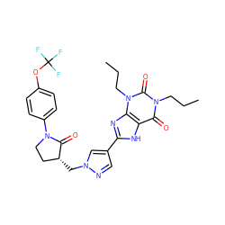 CCCn1c(=O)c2[nH]c(-c3cnn(C[C@@H]4CCN(c5ccc(OC(F)(F)F)cc5)C4=O)c3)nc2n(CCC)c1=O ZINC000115141134