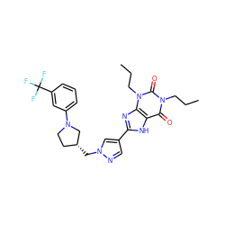 CCCn1c(=O)c2[nH]c(-c3cnn(C[C@@H]4CCN(c5cccc(C(F)(F)F)c5)C4)c3)nc2n(CCC)c1=O ZINC000115150213